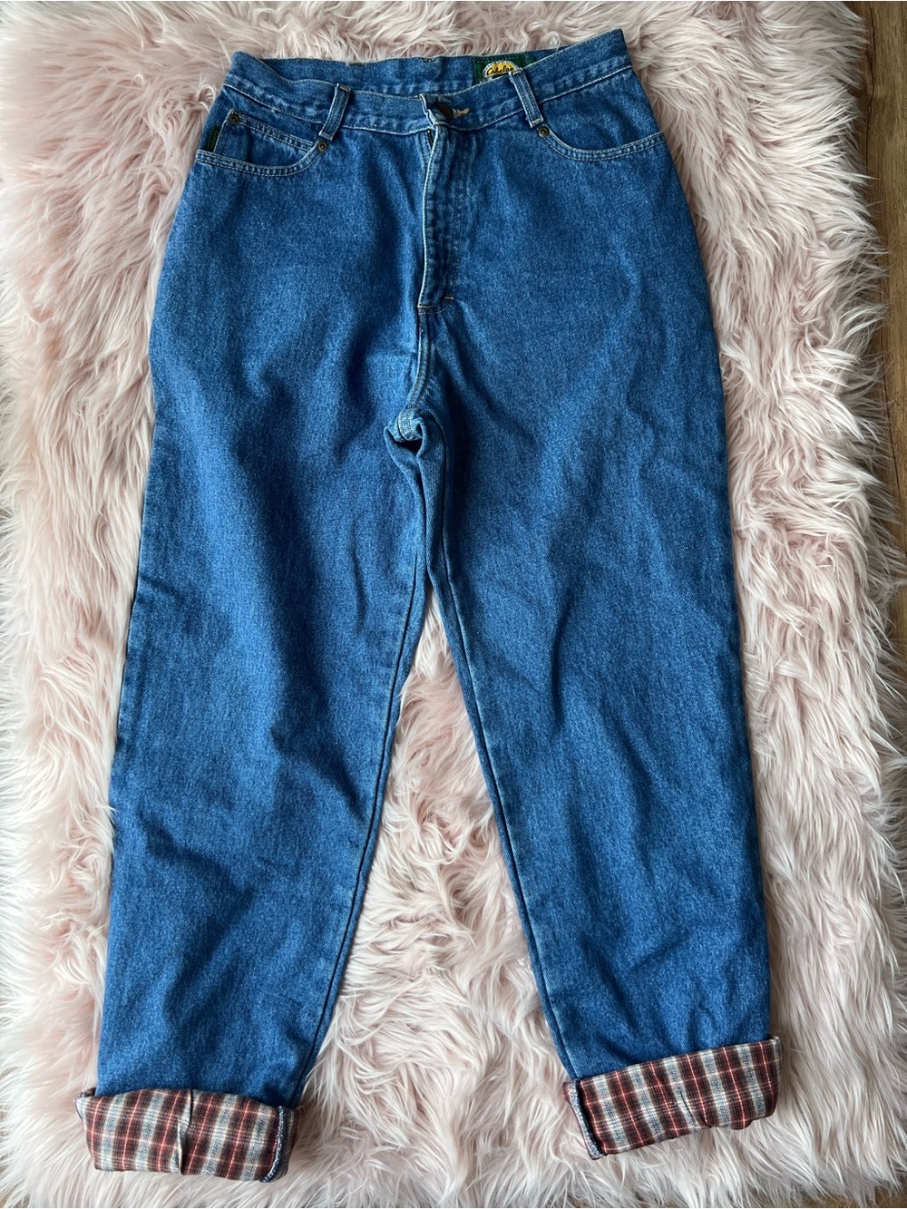 Vintage Cabela's Women's Jeans in Medium Blue Denim with Plaid Flannel Lining